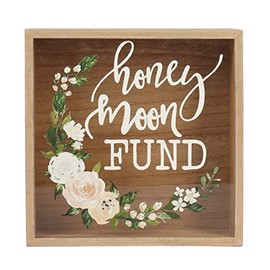 Hanna Roberts Honey Moon Fund and Card Rustic Wood Box with Mixed Floral Garland Design for Weddings, Birthdays, Graduations, Baby and Bridal Showers, 9.5" x 3" x 9.5", Honey Moon Fund