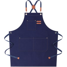 AFUN Chef Aprons for Women Men with Large Pockets, Cotton Canvas Cross Back Water Repellent Work Apron, Size M to XXL (Darkblue)