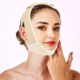 PEOVLVN Chin Strap for Sleeping, Reusable V Line Lifting Mask Double Chin Reducer Chin Strap for Double Chin for Women Face Lift Tape for Tightening Skin Preventing Sagging (Beige)