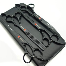 7.0 Inch Titanium Black Professional Pet Grooming Scissors Set of 4 Straight & Thin & Curved Scissors for Dog Grooming (Black)