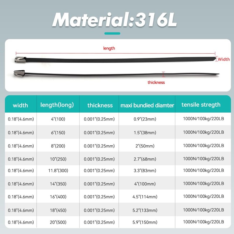 Metal Zip Ties Black 14 inch 316 Stainless Steel Locking