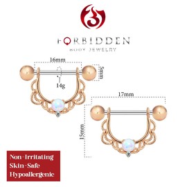 Forbidden Body Jewelry 14g Rose Gold Plated Synthetic Opal Partial Nipple Shield Filigree Barbell Set