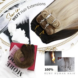 Moresoo Human Hair Weft Extensions Balayage Sew in Hair Extensions Dark Brown Ombre to Light Brown with Golden Blonde Double Weft Hair Extensions 14 Inch 100g/Pack #4/10/16
