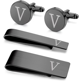 Morfetto 4Pcs Black Stainless Steel Engraved Initial Cufflinks and Tie Bar Money Clip Set Tie Clip with Gift Box for Best Man Groom Wedding Business Letter V