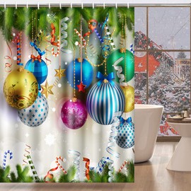 Britimes Christmas Shower Curtain, Christmas Bathroom Sets, Colorful Xmas Balls Green Pine Branches Waterproof Polyester Fabric Bathroom Decor Bath 72 x 72 Inches Set with Hooks