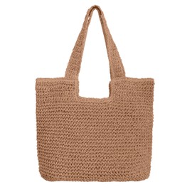 ALUWU Beach Bags for Women Pool Tote Bag Summer Straw Purse Woven Handbags with Zipper, Brown