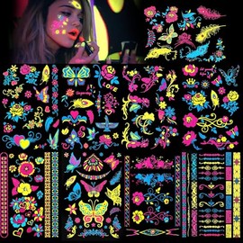 9 hojas grandes de neón brillan en la oscuridad tatuajes temporales,100+ diseños surtidos brillan UV de neón cuerpo cara flores mariposa flash falso i