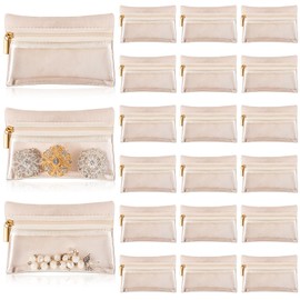 Uiifan 24 Pcs Travel Jewelry Bag Flannel Jewelry Pouch Portable Jewelry Organizer for Jewelry Zipper Pocket, beige and clear