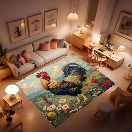 Beautiful Rooster Village Dining Room Rug, Bohemian Style Vintage Rooster Country Floral Carpet for Home Living Room Hallway Entry Kitchen Bathroom Durable Non-Slip Rugs 24x36inch