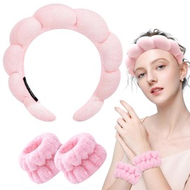 Spa Headband Women's Make Up Hair Band Sponge Headband Skincare Headband Skincare with Wrist Wash Band for Spa Make-Up Face Washing Showers Sports Skin Care (Pink)