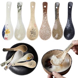 Counius Pack of 6 Soup Spoons, Ceramic Chinese Soup Spoons, Retro Pattern Ramen Spoons, Chinese Spoons, Chinese Soup Spoons, Ceramic Soup Spoons, Ceramic Soup Spoons