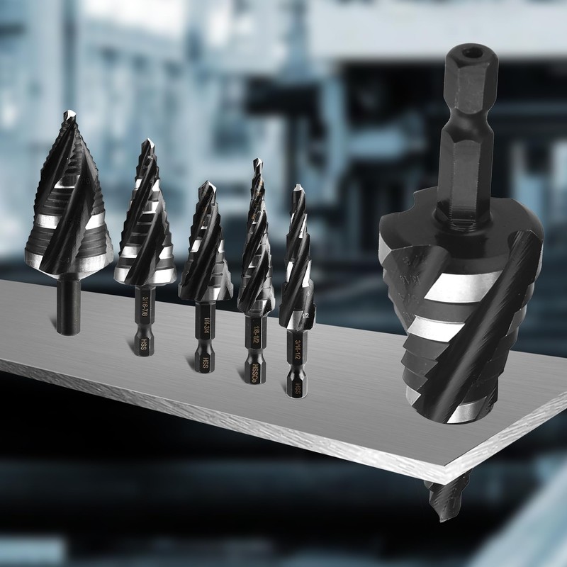 TVWVT Step Drill Bit Set, 5PCS Four Spiral Flute Step
