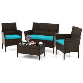 HAPPYGRILL 4 Pieces Outdoor Rattan Conversation Set, Patio Wicker Furniture Set with Loveseat Chairs & Tempered Glass Coffee Table, Outside Sectional Sofa Set for Backyard, Garden, Poolside