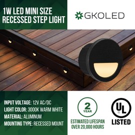 GKOLED 12 Pack Recessed Low Voltage LED Step Riser Light, Diameter 1" Mini Size Landscape Lighting for Outdoor Deck Stair Railing Post, 12V 3000K, Die-cast Aluminum, Black Powder Coated, UL-Listed