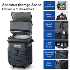 Odoland 48/72 Cans Soft Cooler with Wheels and Handle Collapsible Ice Chest Rolling Coolers on Wheels for Beach Camping Travel and Picnic