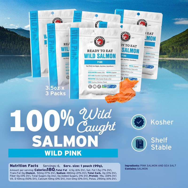 SeaBear Ready to Eat Wild Pink Salmon 6-Pack Wild-Caught Salmon,