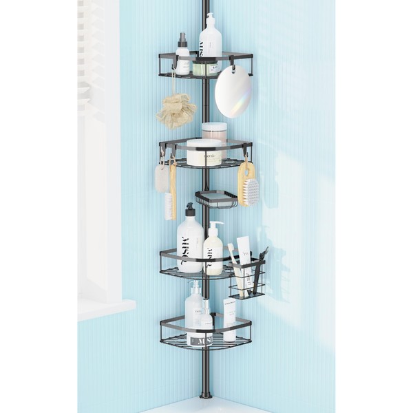 TIMIANO Shower Caddy Tension Pole, 4-Tier Adjustable Corner Shower Standing