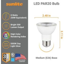 Sunlite 87933 LED PAR20 Long Neck Spotlight Bulb, 8 Watt (50W Halogen EQ), 500 Lm, 40° Flood Beam, Medium E26 Base, 90 CRI, Dimmable, Title-20/24/CEC Compliant, UL Listed, 5000K Daylight, 1 Count