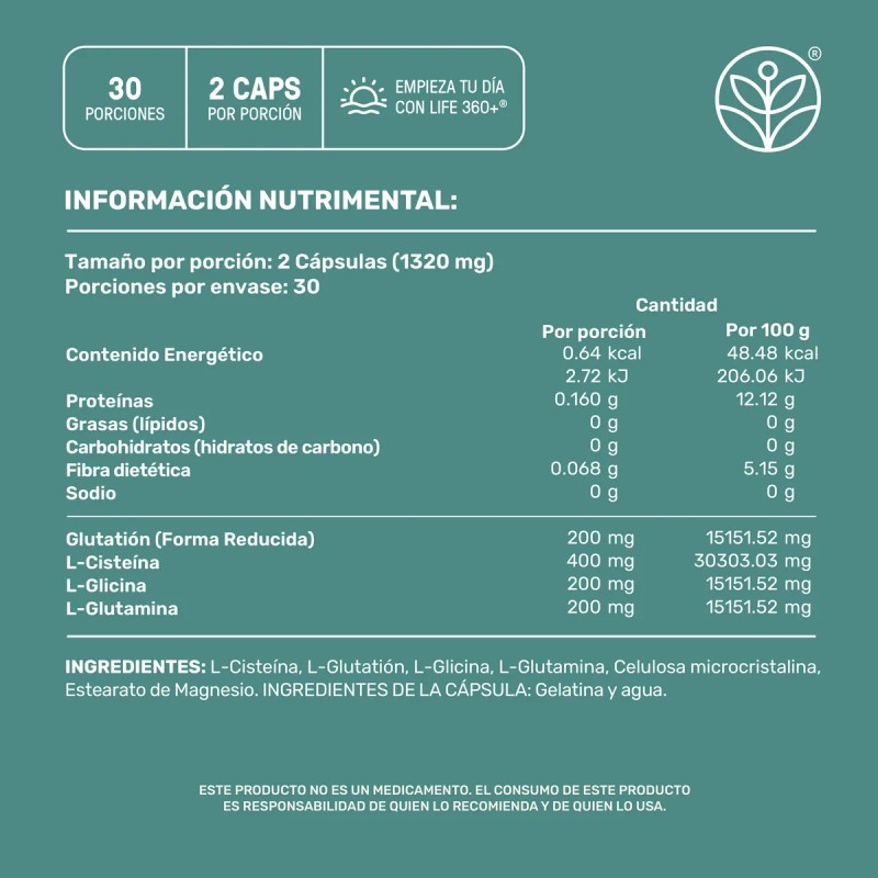 Gluation Cpsulas Life360 Glutathione Blend 60 Cpsulas Sin Sabor