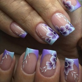 Summer Press on Nails Short Square Fake Nails with Purple Flower Designs French Tip Nails Press ons Glossy Glue on Nails Spring False Nails Nude Acrylic Nails Cute Stick on Nails for Women 24Pcs