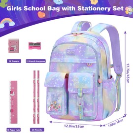 LPQKCcY Girls Backpack School Bag with Stationery Set, Kids Toddler Rucksack Large Capacity Backpacks, Waterproof Lightweight Primary Book Bags for Teens 8-10 Years Old (Purple)