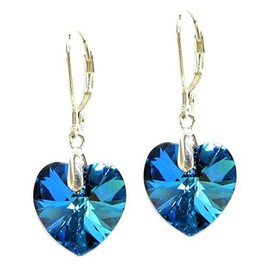 Austrian Crystal Blue Heart Crystal Sterling Silver Leverback Dangle Earrings