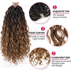 Curly Faux Goddess Locs Crochet Hair 12Inch Pre Looped Synthetic Deep Curly Hairstyle Hippie Locs Crochet Braids Extensions（1B/30/27,12inch(Pack of 8))