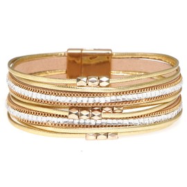 Rumnoke Leather Wrap Bracelets for Women Multilayer Wristband Braided Rope Cuff Bangle Crystal Gold