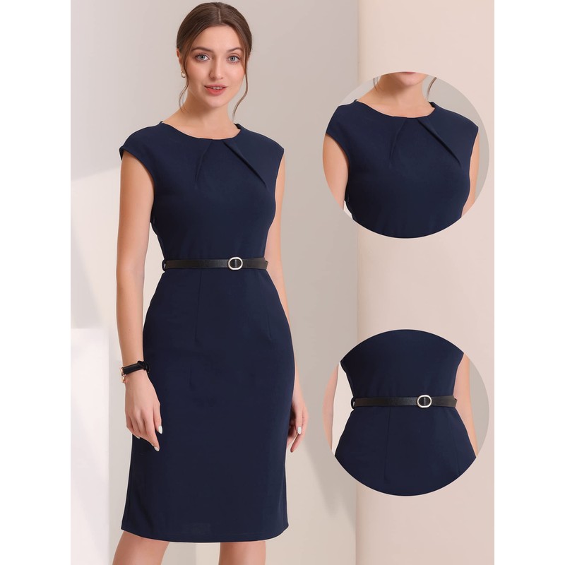 Allegra K Elegant Business Dress for Women's Cap Sleeve Belted