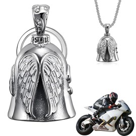 Xinlon Guardian Bell Motorcycle, Guardian Angel Motorcycle Bell with Ring for Hanging and Chain, Stainless Steel Motorcycle Bell, Lucky Charm Keyring for Blessing Peace, Lucky Charm, Stainless Steel