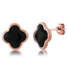 Gem Stone King 18K Gold Plated Sterling Silver Flower Shape Clover Designs Black Onyx Diamond Cut Stud Earrings For Women
