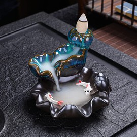 Ponds Lotus and Fish Ceramic Incense Waterfall Burner Holder Kit Include Backflow Incence Cones and Tweezers, Stick Incense (Blue)