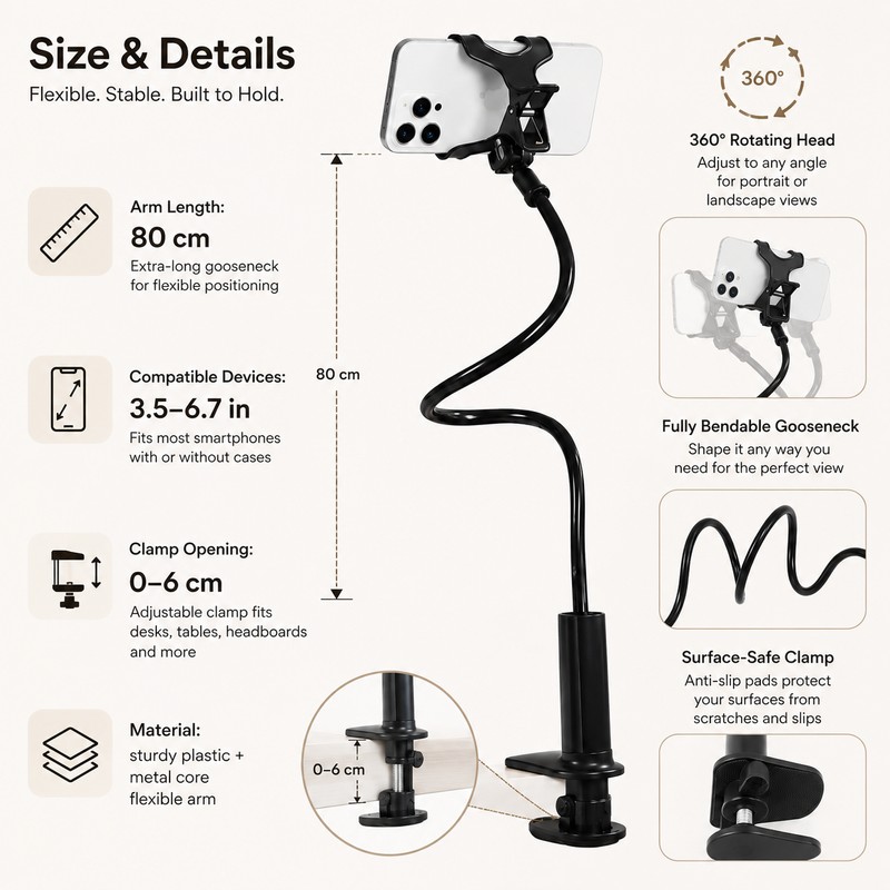 80cm Flexible Phone Holder for Hands-Free Viewing – 360° Gooseneck