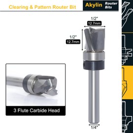 Solid Carbide Spiral Flush Trim Router Bits, 3-Flutes Down Cut Clearing & Pattern Router Bit, Top Bearing Template Router Bit for Wood Flush Trimming, Mortising (1/4 Inch Shank,1/2”x1/2”)