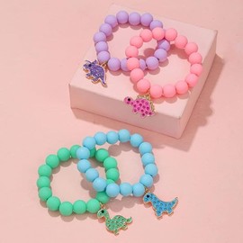 Colorful Enamel Dinosaur Charm Acrylic Beaded Strand Bracelet Set Round Beads for Girls Cute Friendship Best Friend Party Jewelry (Multiple colors, 4.5cm)