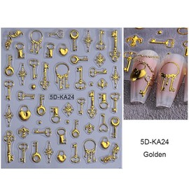 4 Sheets Key Nail Stickers Silver Key Nail Designs Rose Gold Lock Bone Nail Decals 3D Self-Adhesive Laser Keys Ring Laser Hearts Lock Nails Supplies for Women DIY Manicure