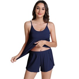 NACHILA Women's Pajamas Set-Viscose Made from Bamboo,Sleeveless Sleepwear Cami Pajamas Shorts Sets Soft Nightwear Camisole Pj Ink Blue Medium