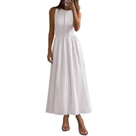 PRETTYGARDEN Women Maxi Dresses 2025 Summer Casual Sleeveless Patchwork Knit Tank Dress Flowy Beach Sundress Long Dress (Beige White,Medium)
