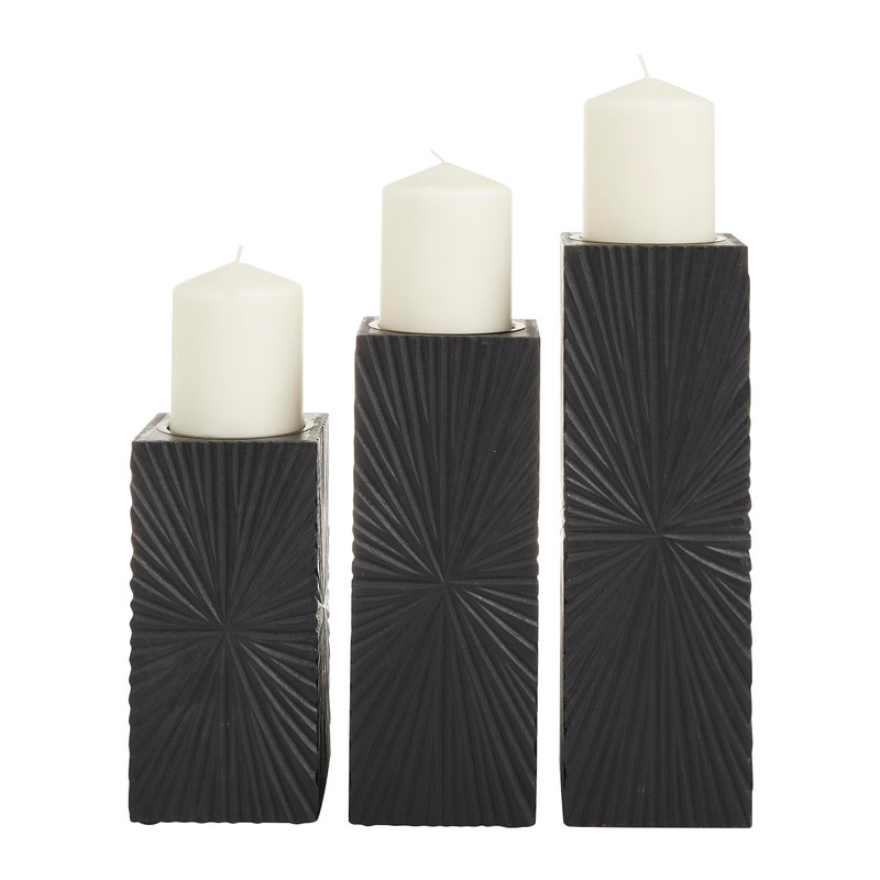 CosmoLiving by Cosmopolitan Wood Geometric Carved Pillar Candle Holder, Set