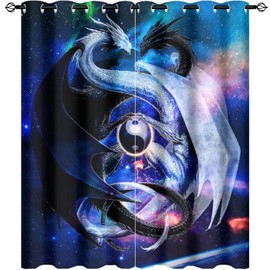 INSFBRB Cool Japanese Dragon Curtains for Bedroom - Fantasy Galaxy Cloud Black White Dragon Yin Yang Window Drapes,Energy Saving Blackout Grommet Curtains 2 Panels 63L x 27.5W