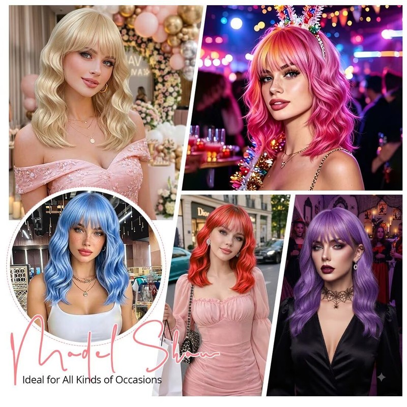 Sweetie Blush Pink Bob Wig Bangs – Wavy Synthetic Shoulder