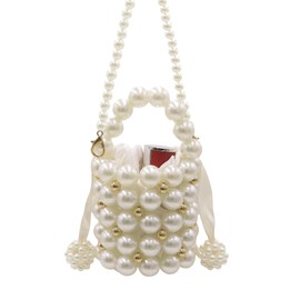 MOSSTYUS Girls Mini Pearl Purse Clutch Women Beaded Shoulder Bucket Handbag White Pearl Decoration Evening Bags with Inner Bag,4#