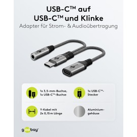 goobay USB C to 3.5 mm Jack Headphones and USB C / 2-in-1 Adapter / Quick Charge Type C to Audio AUX Jack Adapter / Fabric Jacket / 74524