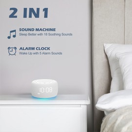 Buffbee Sound Machine & Alarm Clock 2-in-1, 0-100% Clock Face Brightness, Bottom Colored Light, Sleep Timer, Precise 30-Level Volume Control White Noise Machine - White