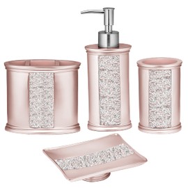 Zahari Home 4pc Sinatra Stylish Bathroom Accessories Set Liquid Soap Dispenser, Tumbler, Tooth Brush Holder and Soap Dish Modern Classic Luxury Decor Bling Mosaic Glass Blush Bathroom Accessories