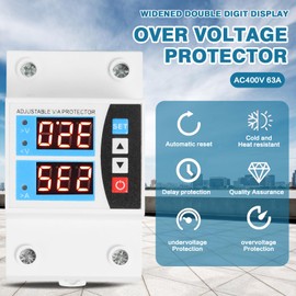 Jadeshay Surge Protection 63A AC400V Adjustable Voltage Protection Surge Protection Undervoltage Protection Device 2P Dual Digital Display Voltage Current Protection for DIN Rails