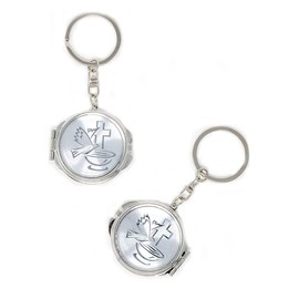 RBN Baptism Mini Compact Mirror Key Chain Party Favor for Boys & Girls - Bautizo Recuerdos Angels & Baby Design Makeup Compact/First Communion (Dove Silver Keychain) -12PS