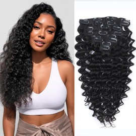 Curly Clip in Hair Extensions Real Human Hair 20inch 120g Invisible & Seamless 100% Brazilian Remy Human Extension Deep Wave Clip ins Extensions Double Weft 8 PCS with 20 Clips Natural Black