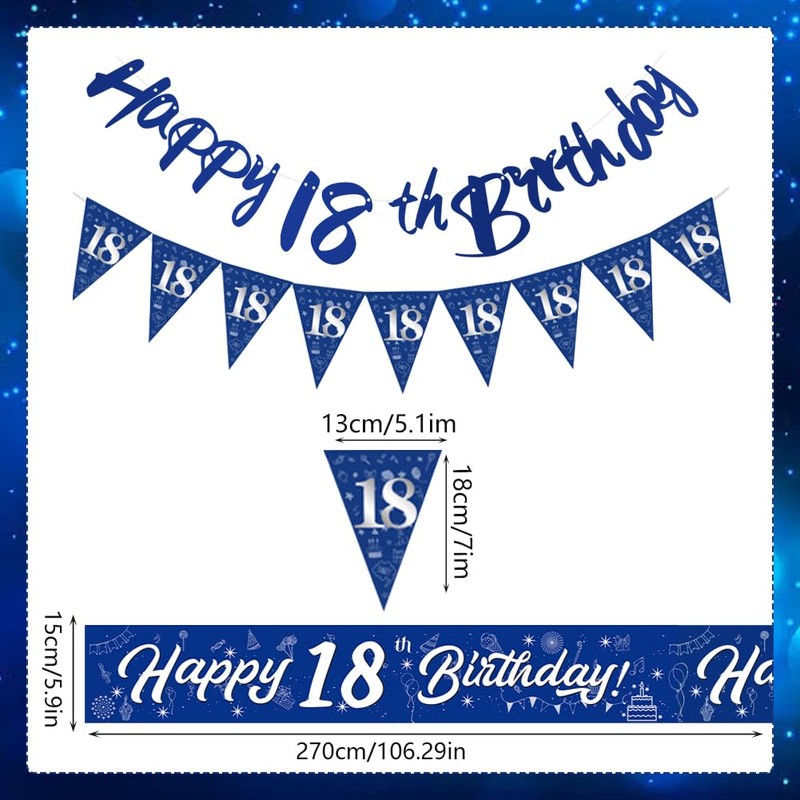 Yontree 18th Birthday Decorations - Blue & Silver Banners, Triangle