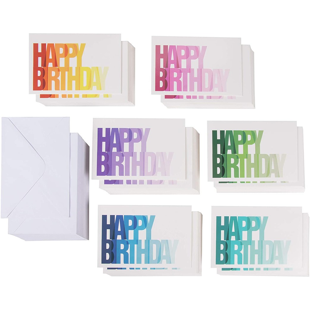 144 Pack Happy Birthday Cards Bulk with Envelopes, 6 Colorful Ombre Designs, Blank Inside (4x6 In)
